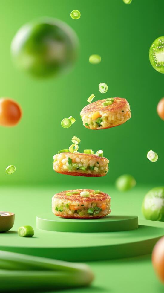 Veggie burgers levitating on green pedestal with veggie slices floating around for healthy eating blog photo
