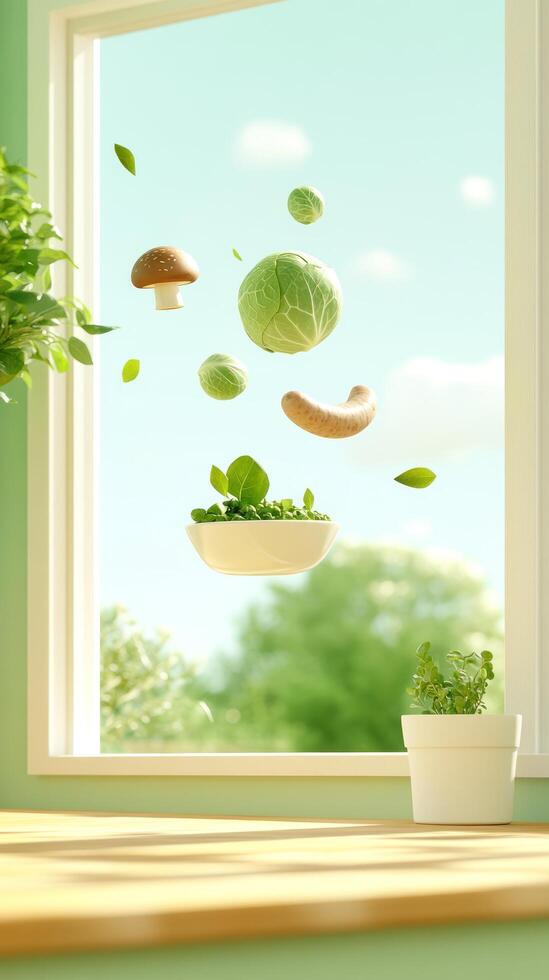 Veggies float in air by window, healthy meal idea. Background yard, trees, sunshine photo