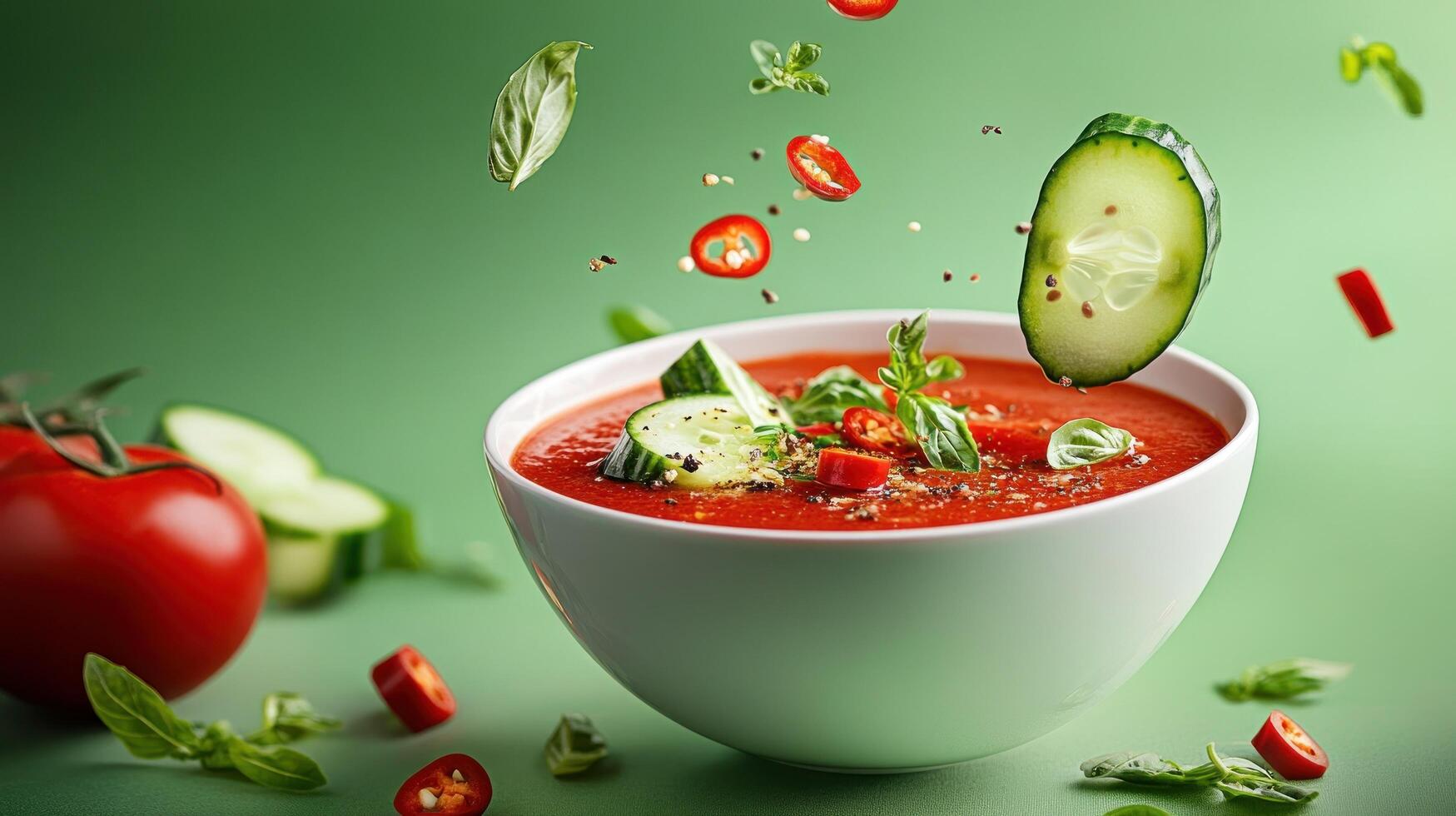 Vibrant gazpacho with floating toppings on green, showcasing fresh ingredients and culinary appeal photo