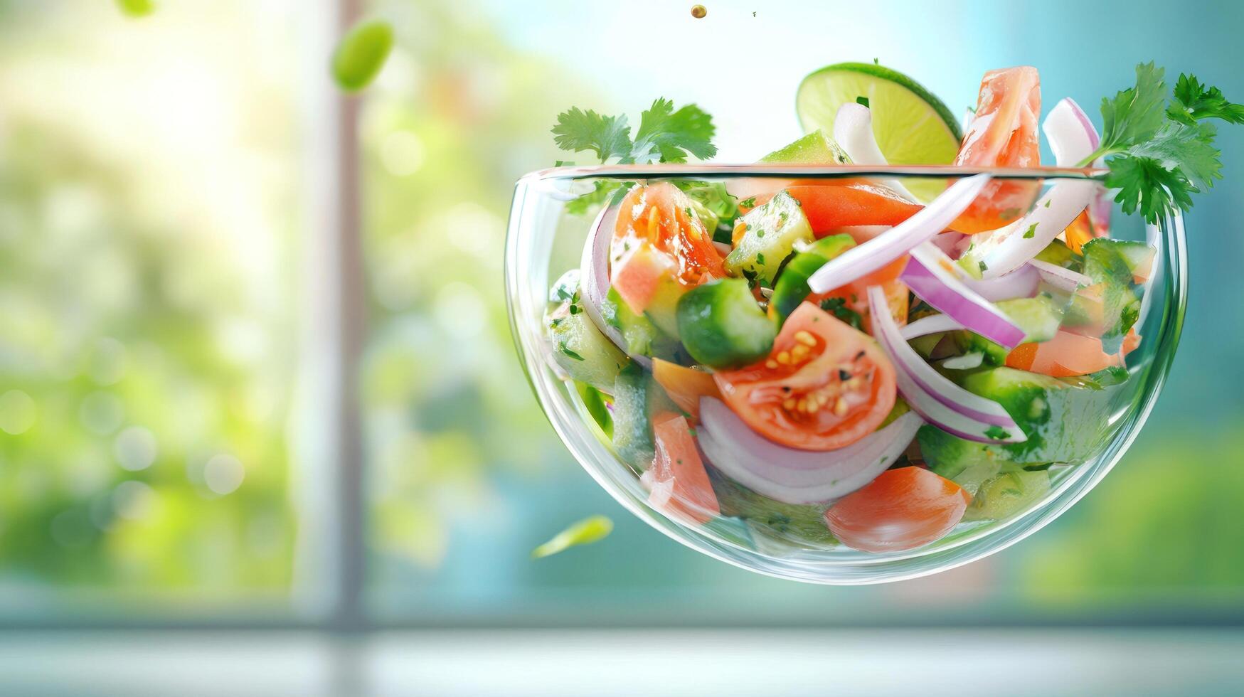 Vibrant salad with tomatoes, cilantro, onions, and lime is served in a glass bowl indoors for meal prep photo