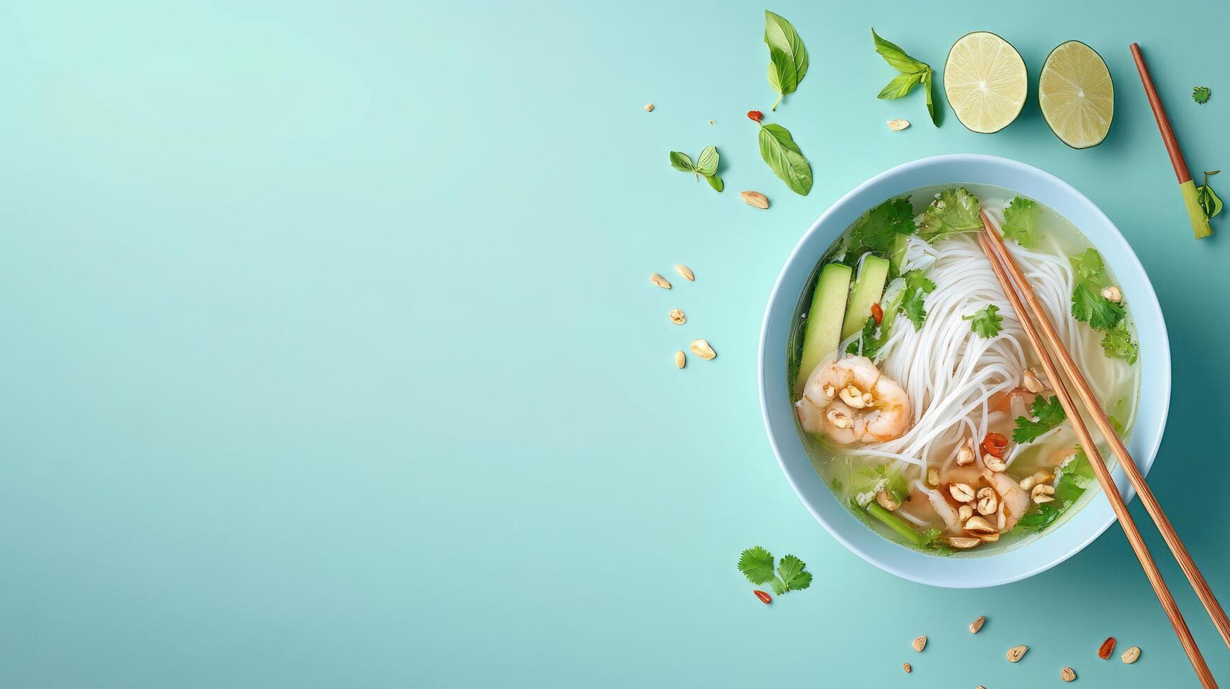 Vietnamese Pho with Shrimp in blue bowl and chopsticks. A light lunch against a cyan backdrop photo