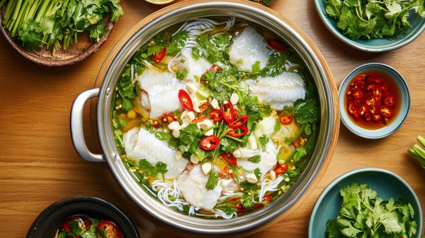 Vietnamese fish soup cooking, at home, with spices and herbs. Food photography for recipes photo