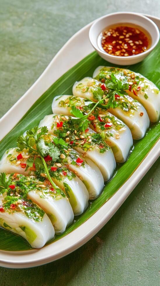 Vietnamese Banh Bot Loc dumplings served on leaf with chili sauce on a table. Possibly food blog photo