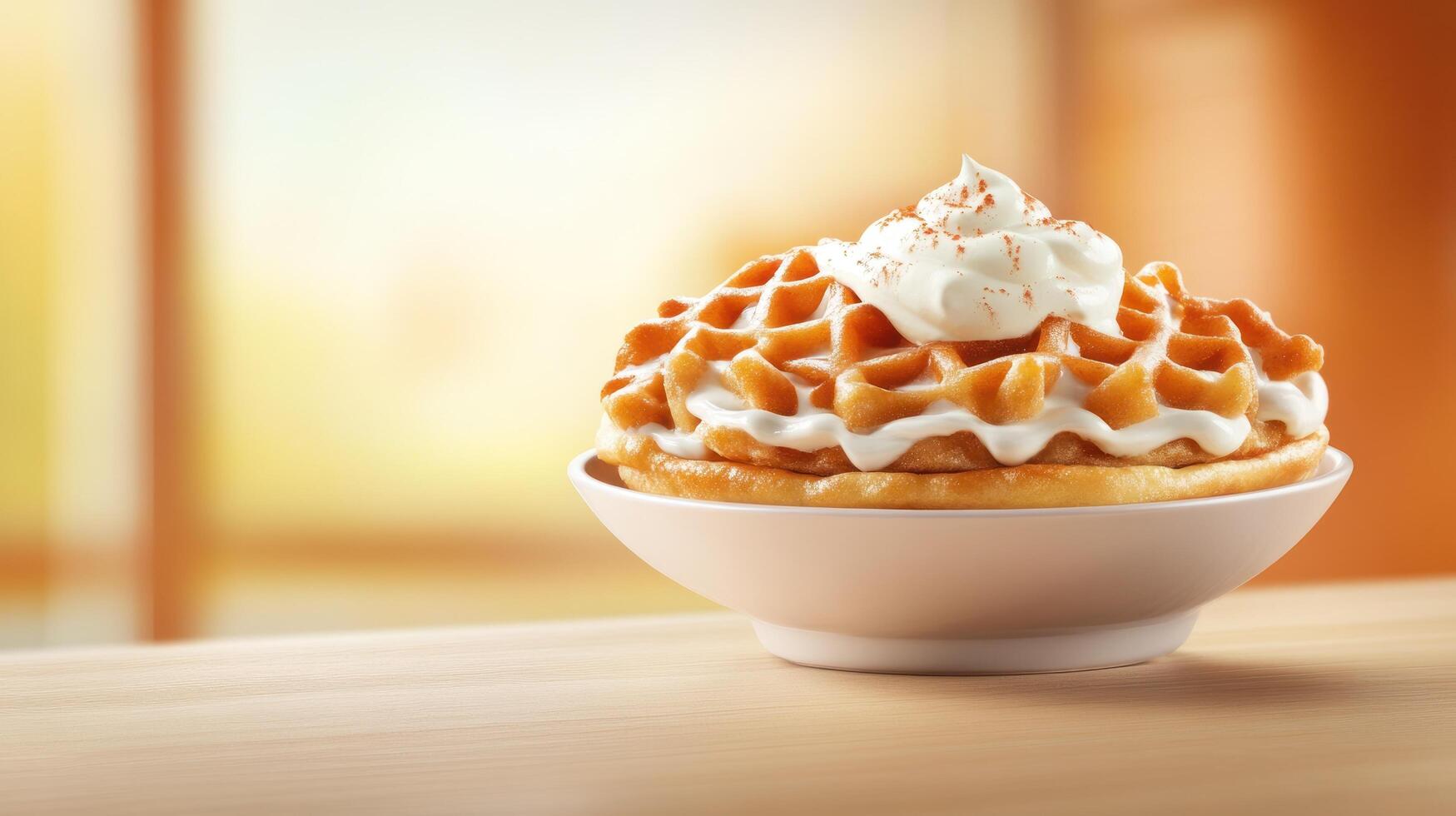 Waffle with cream, served in a cafe, showcasing dessert preparation, can be used in restaurant menu photo