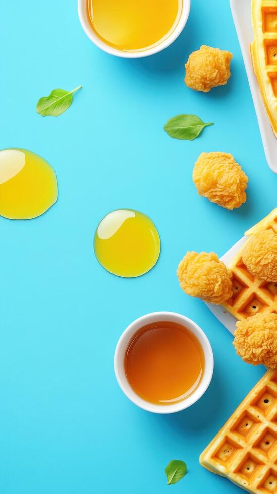 Waffle with fried chicken and honey on blue background for restaurant, menu, ad, or recipe photo