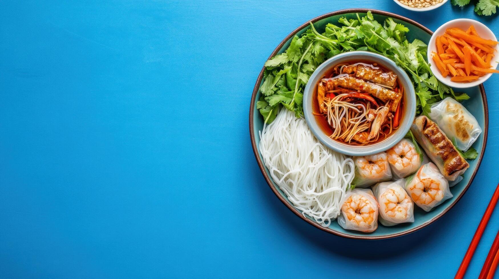 Vietnamese shrimp spring rolls, herbs, noodles, carrot, and dipping sauce on turquoise surface for restaurant menu photo