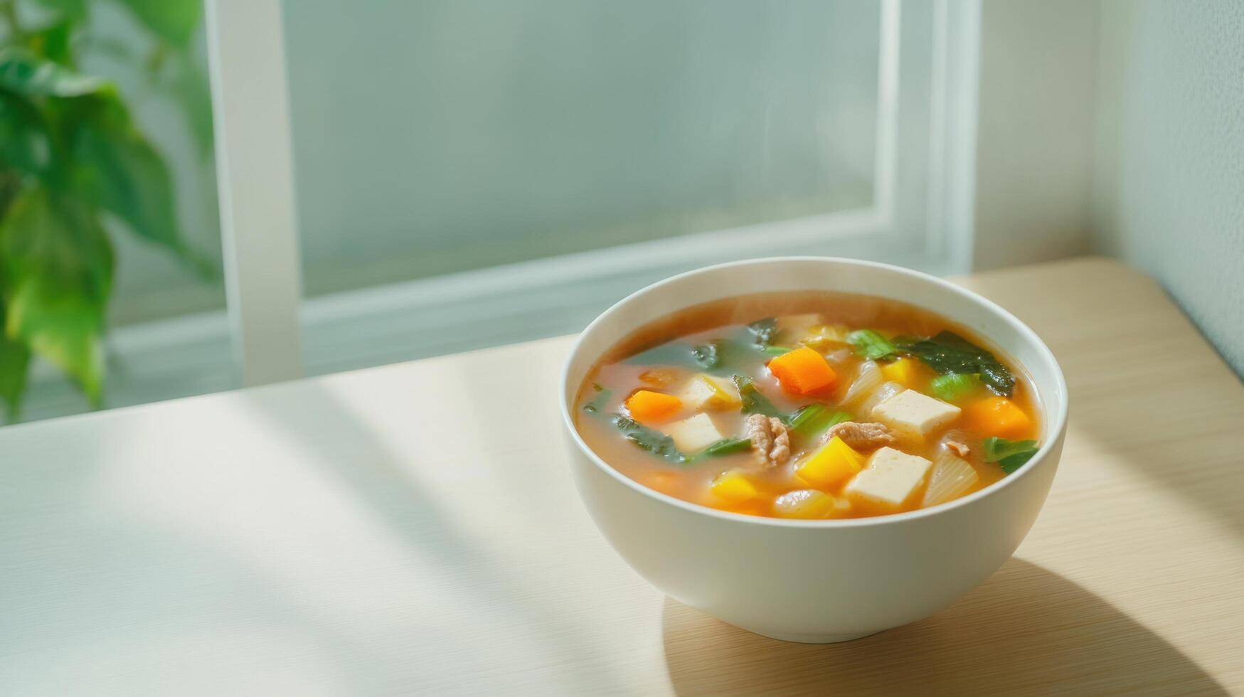 Warm miso soup with tofu and vegetables by a window with a green plant as the background photo