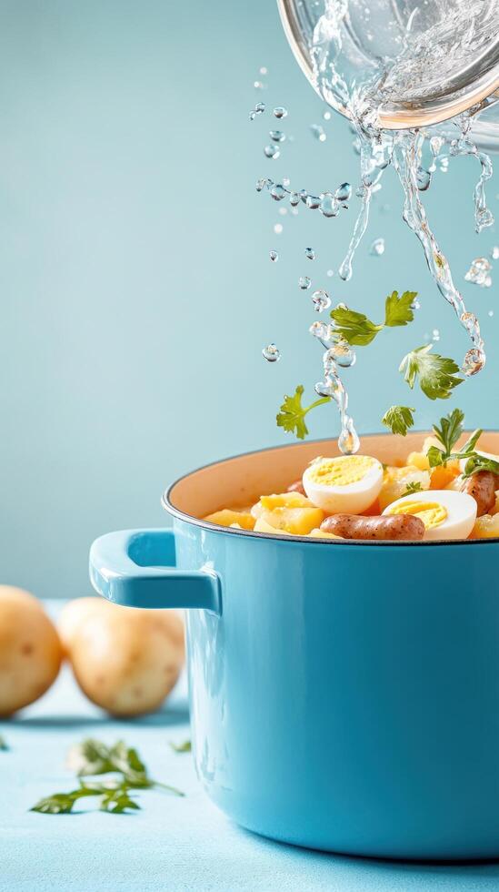 Water pouring into a pot with potato salad for meal prep, cooking photo