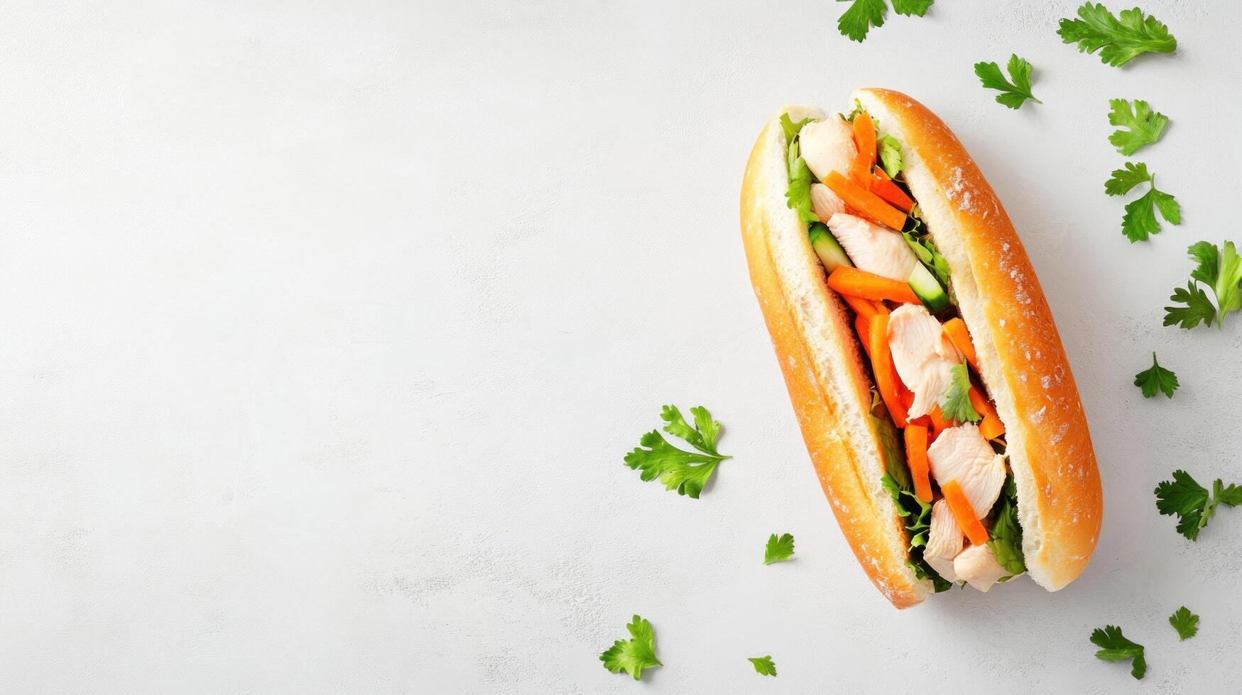 Vietnamese sandwich chicken with carrots and greens on marble background, food concept photo
