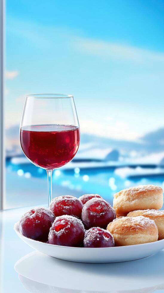 juice glass with donuts and plums served on a table near an open window. Winter holiday treat photo