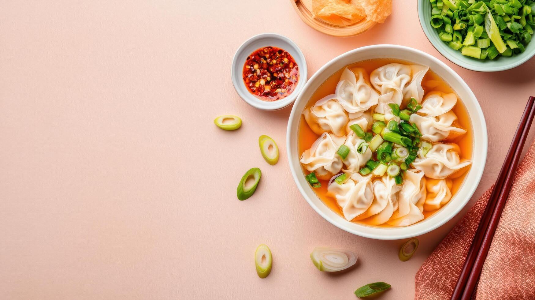Wonton soup in bowl with scallions and condiments on a pink background for food blog or recipe photo