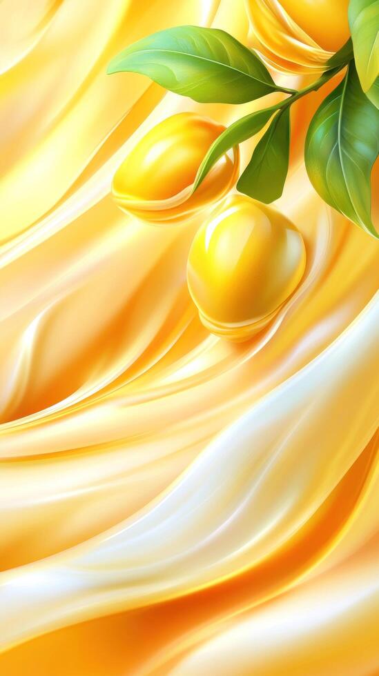 Yellow fruit on branch over draped cloth for wallpaper, banner, or background use photo