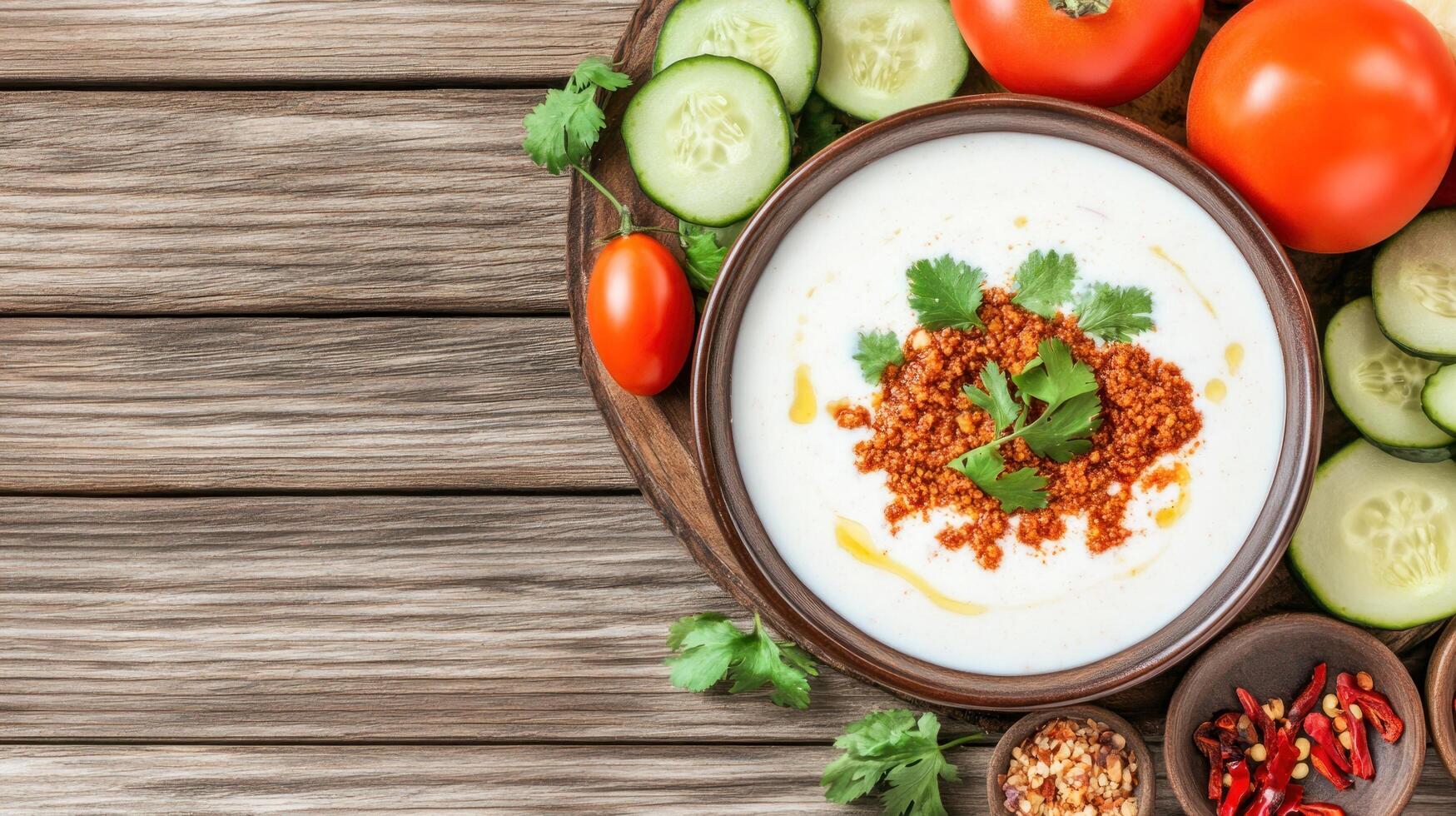 Yoghurt plate on wooden table. Tomatoes, cucumbers, and chilli decoration. Use for food blogs photo