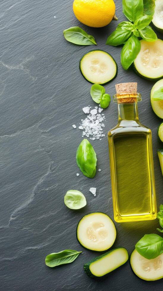 Zucchini slices with olive oil and basil leaves on a dark slate background photo