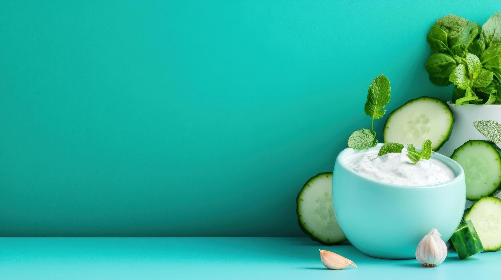 Yogurt dip with cucumber and mint on colored background. Food blog, fresh salad content photo