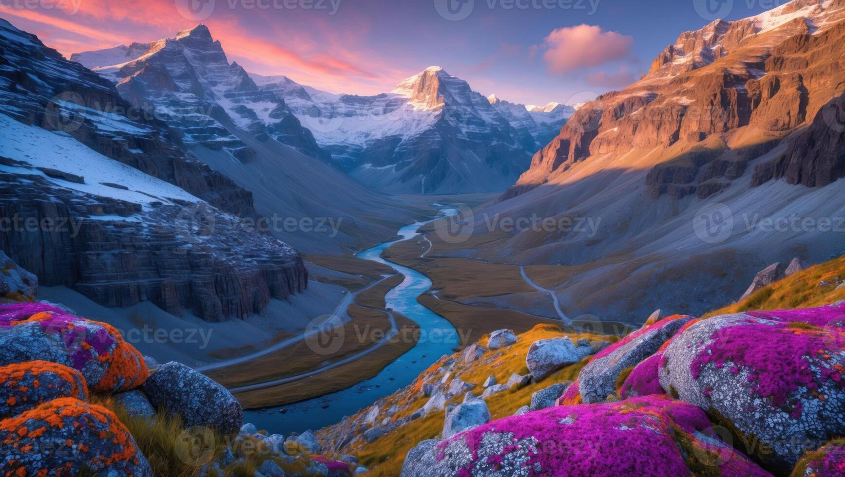 Mountain Valley River at Sunset with Colorful Rocks Landscape View photo