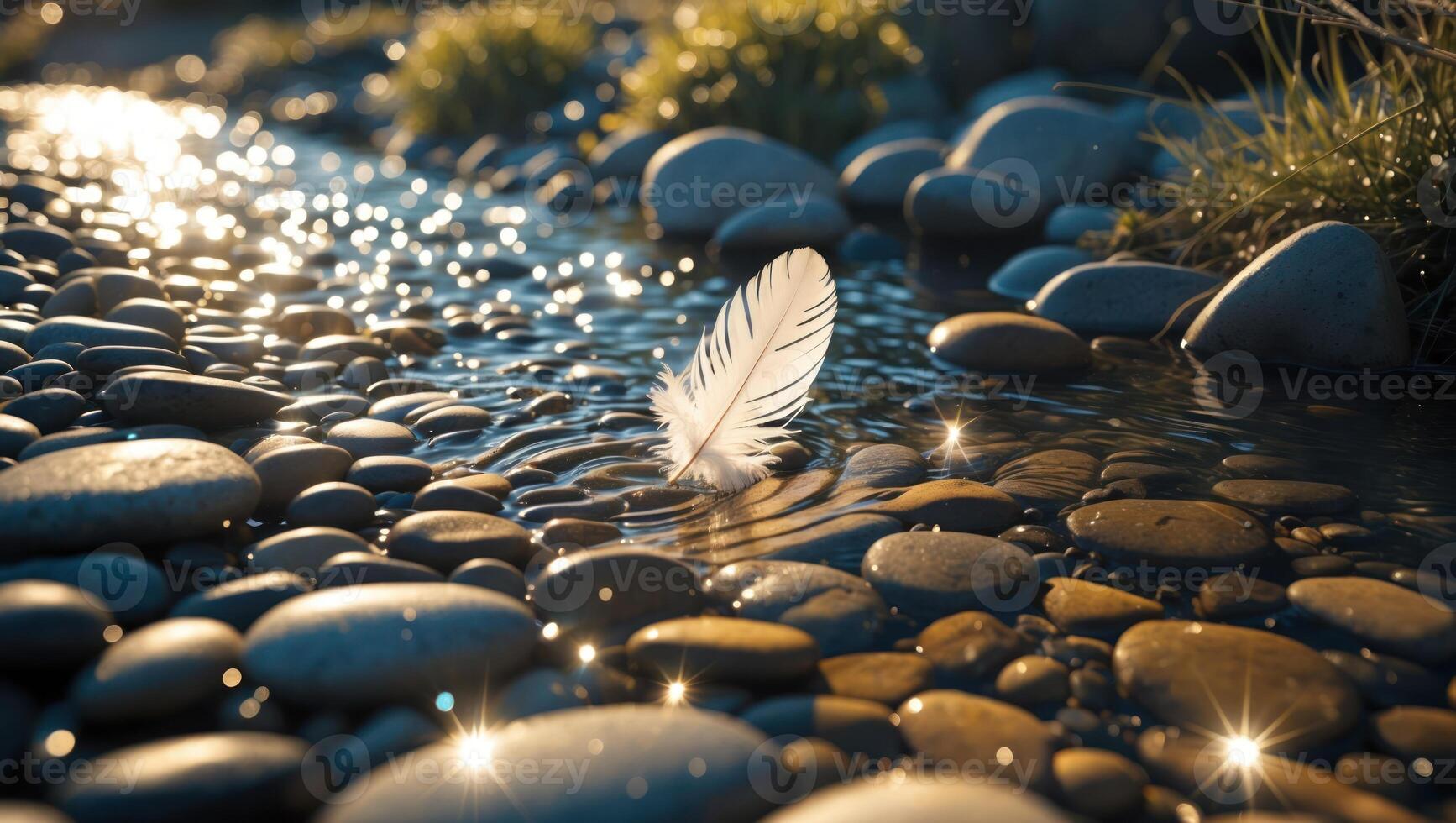 Feather Gently Floats on Rocky Stream Water in Sunlight photo
