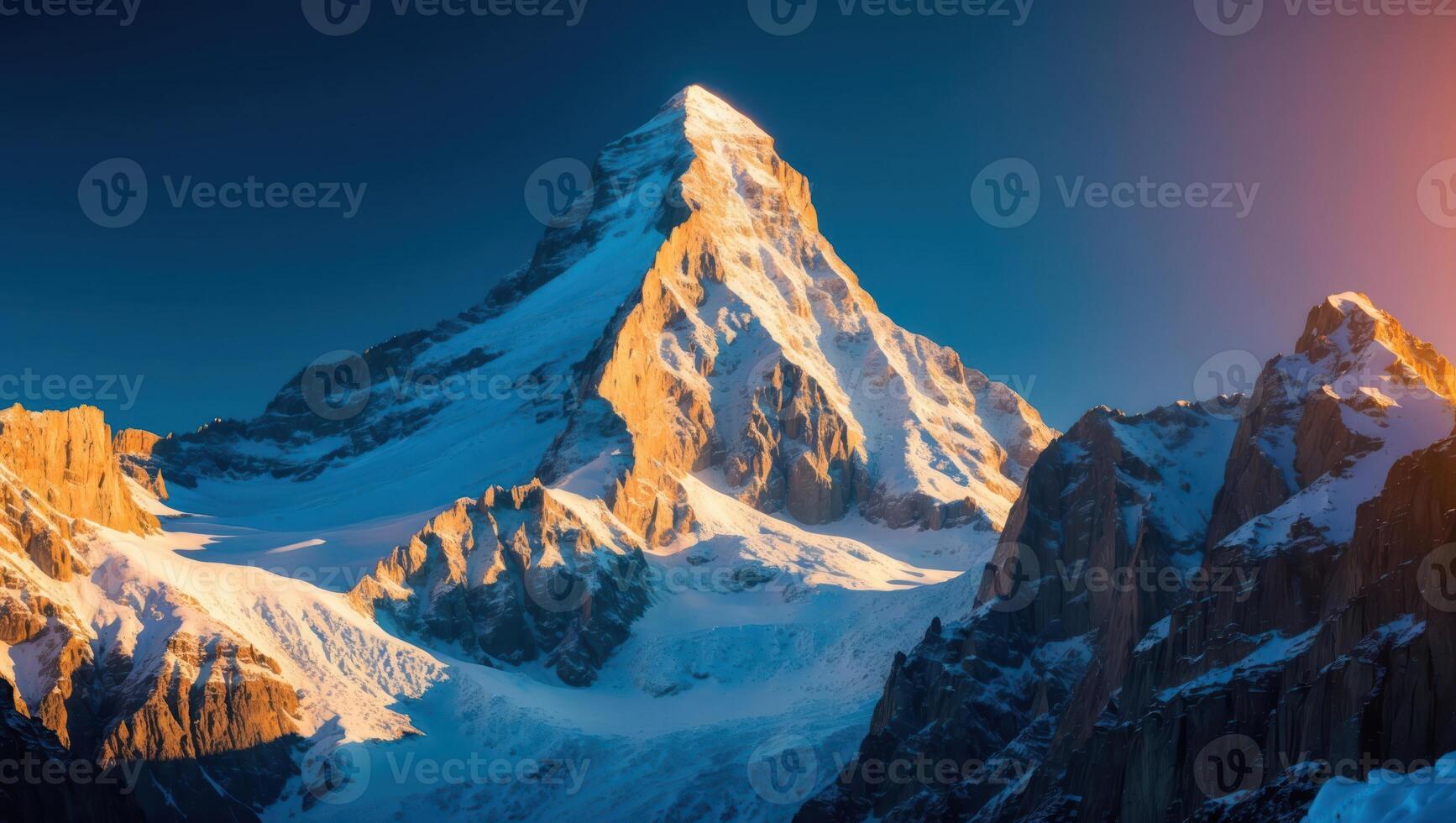 Snow Capped Mountain Peak Illuminated by Golden Light in Winter photo