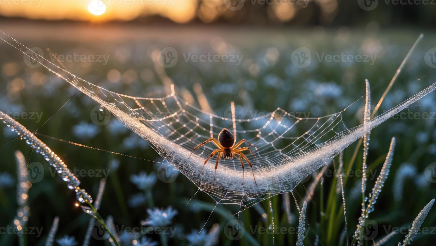 Spider on Web in Field at Sunrise with Dew Drops photo
