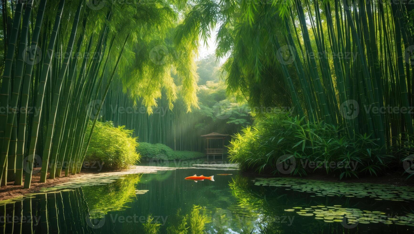 Peaceful Bamboo Forest and Pond with Fish and Reflections Landscape photo