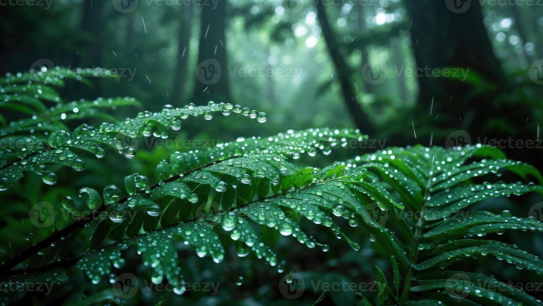 Fern Leaf Covered in Water Droplets in a Lush Forest Setting photo