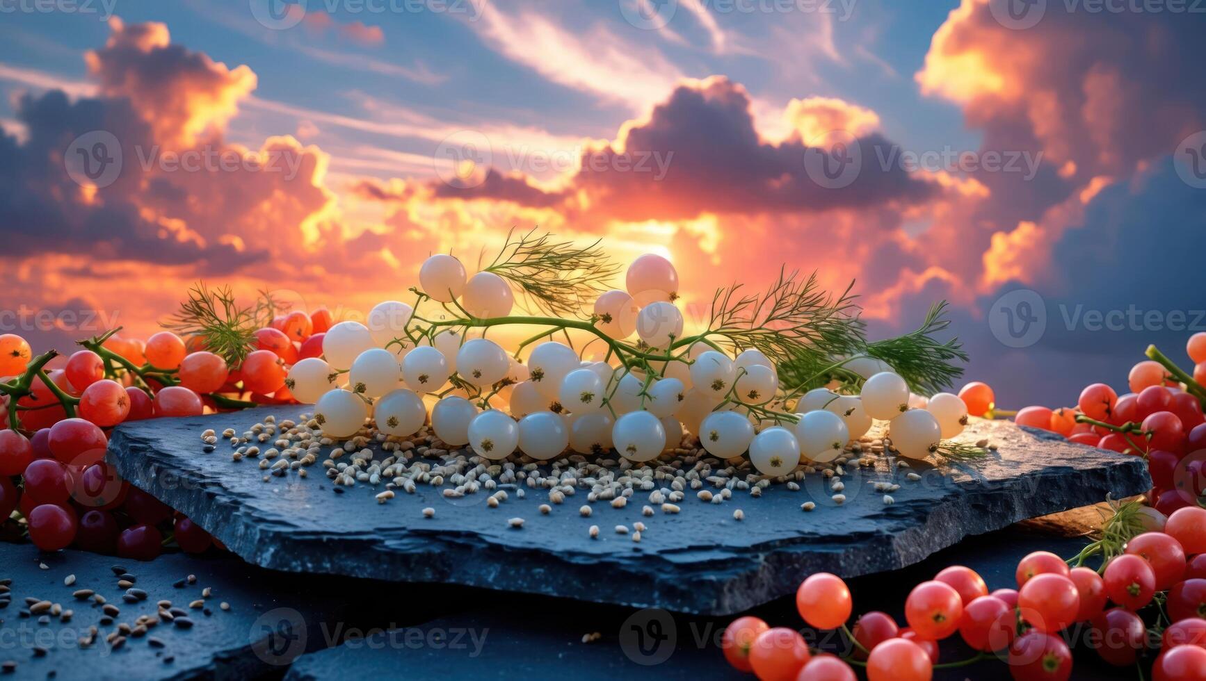 Currant Display at Sunset with Fresh Herbs on Stone Plate photo