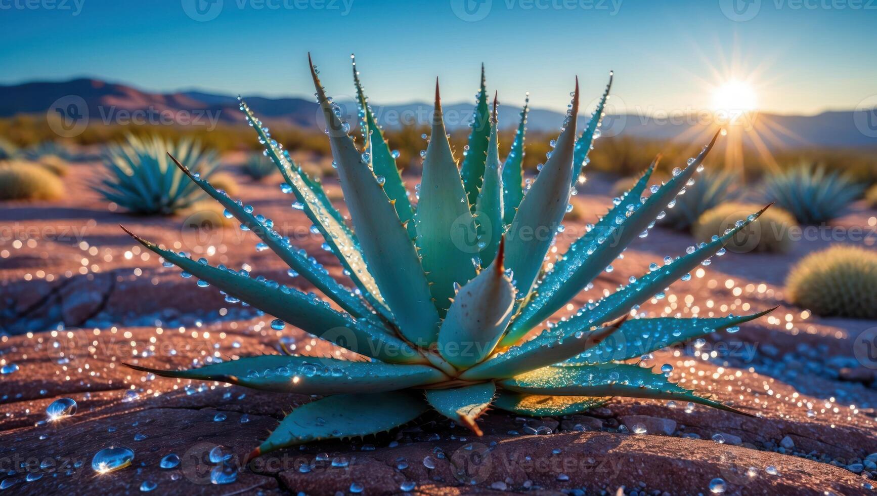 Agave Plant in Desert with Water Droplets at Sunrise Scenery photo
