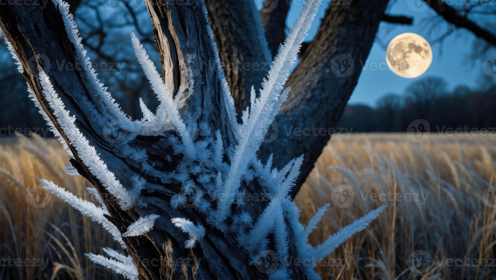 Icy Tree Bark Texture and Moonlit Grass Field at Dusk photo