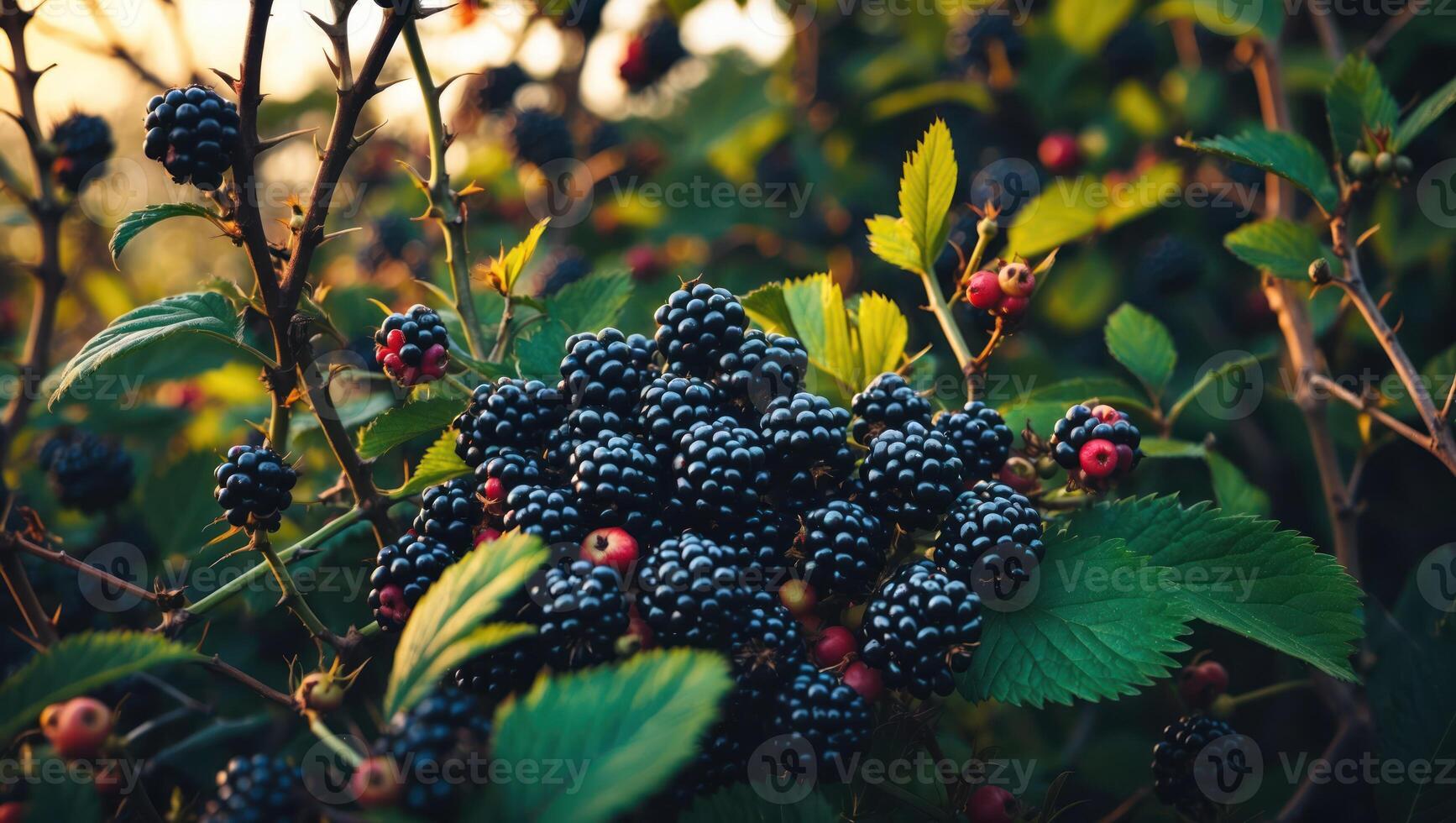Harvesting Fresh Blackberries Growing on Bush in Summer Sunlight photo