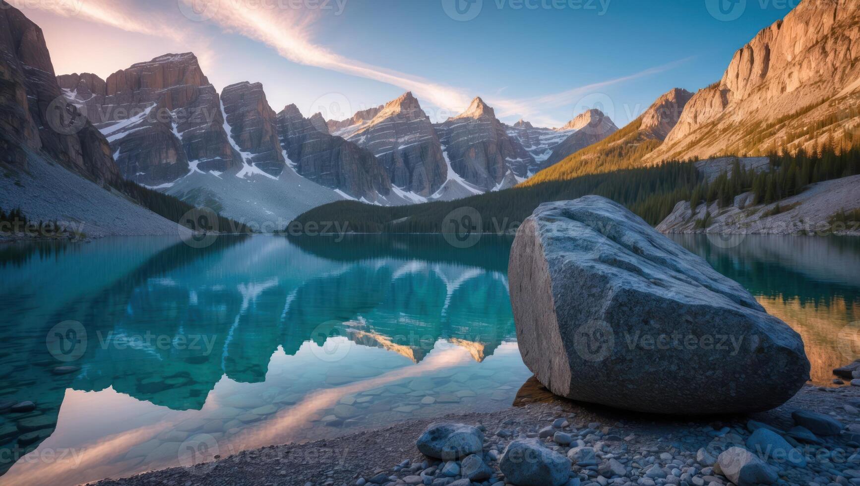 Reflecting Mountain Landscape with Clear Lake and Large Rock Foreground photo