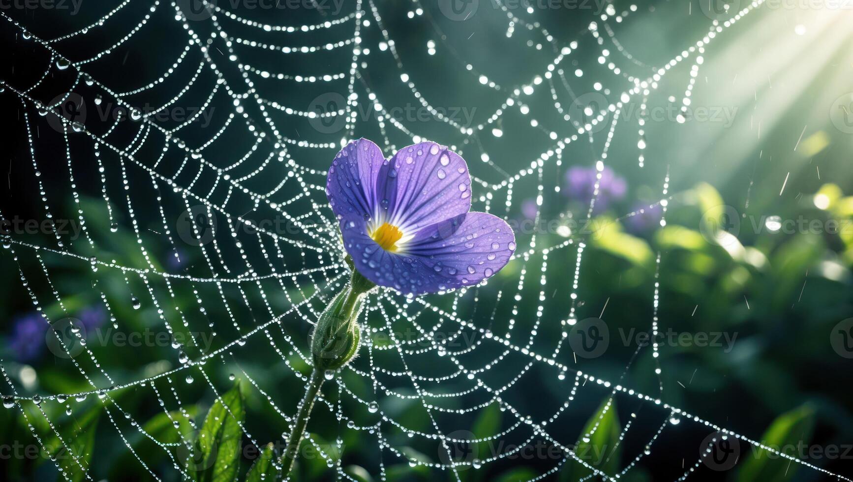 Flower Blooms in Spiderweb Covered in Raindrops During Sunlight photo