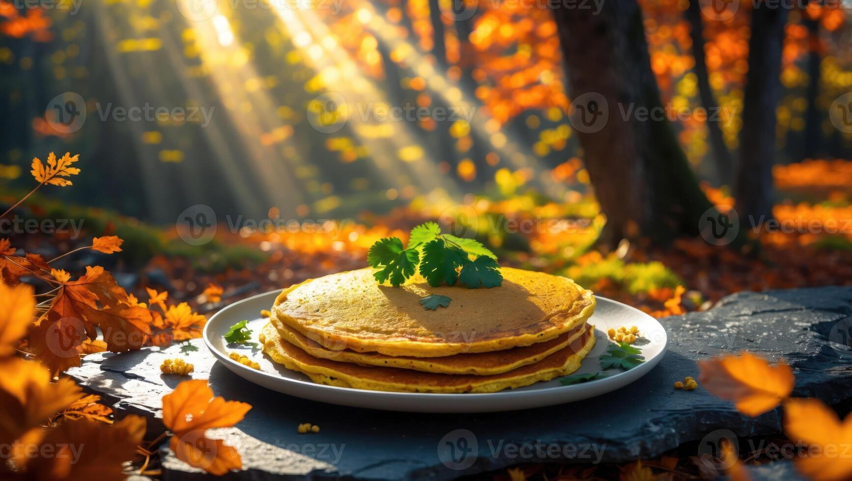 Stack of Pancakes with Herbs in Autumn Forest Sunlight Setting photo