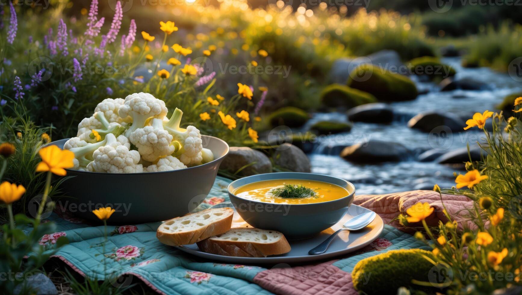 Cauliflower and Soup Picnic by Flowing Stream with Wildflowers photo