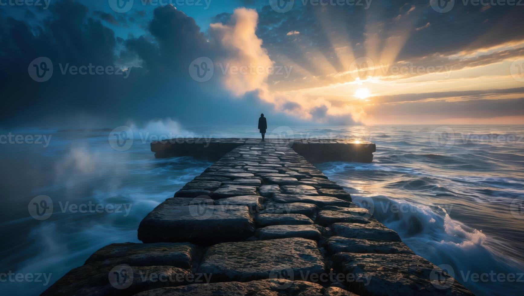Walking Stone Pier at Ocean Sunrise with Dramatic Cloudscape photo