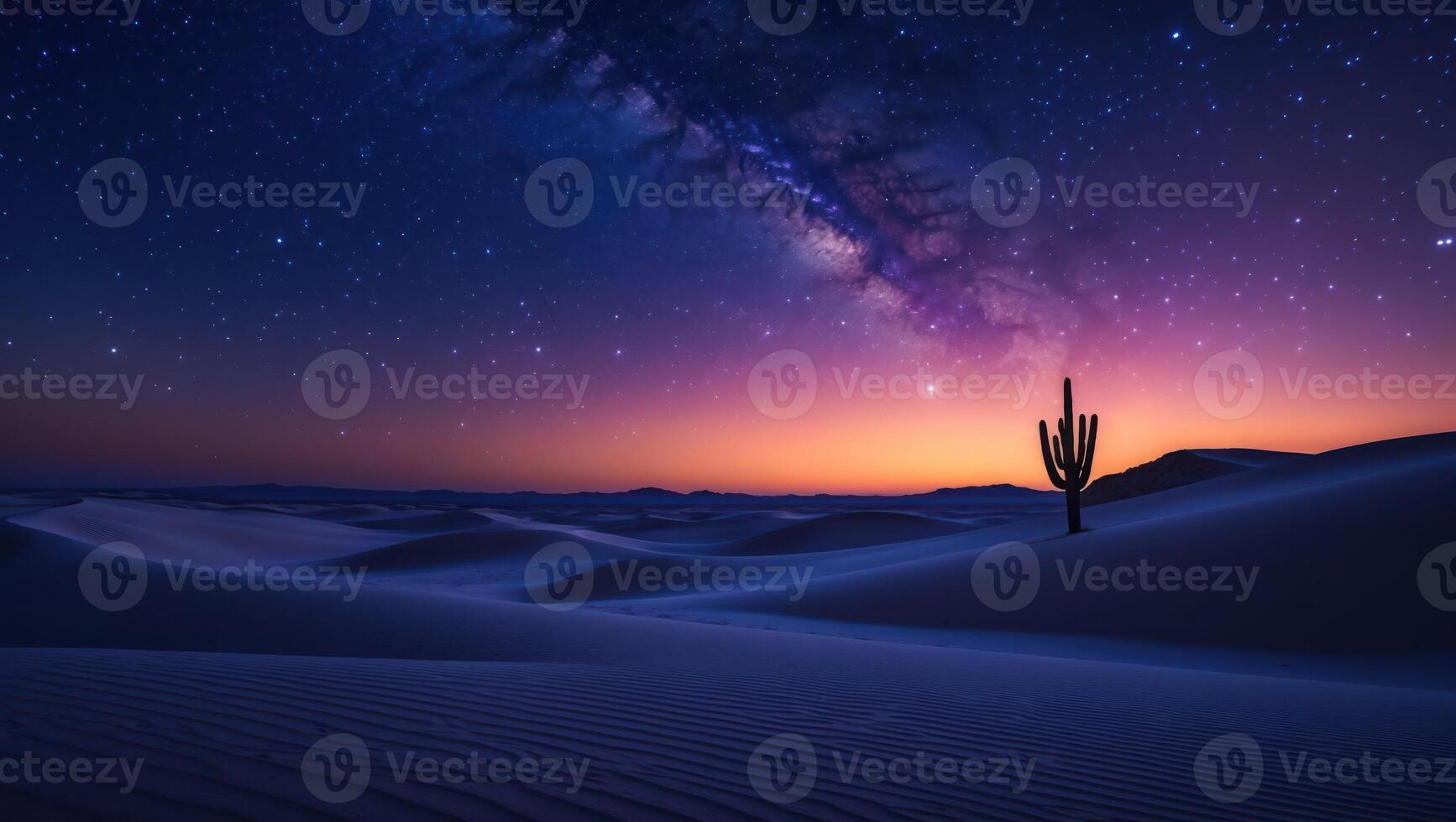Desert Sand Dunes at Night with Galaxy and Silhouette Cactus photo
