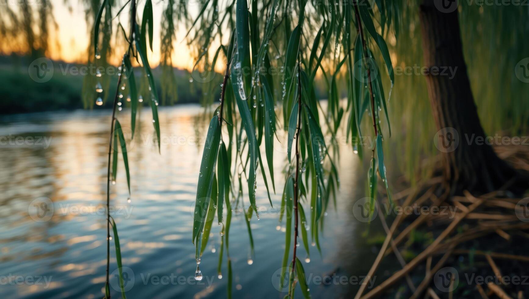 Willow Branch with Water Drops Over River at Sunset Serenity photo