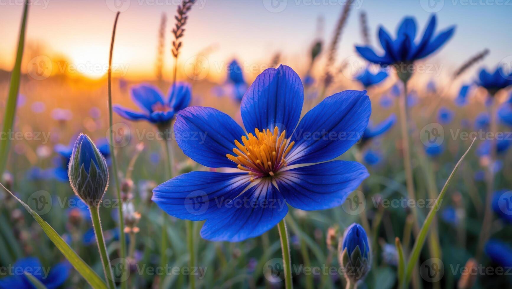 Blooming Blue Flower Field at Sunset Offers a Tranquil Scene photo