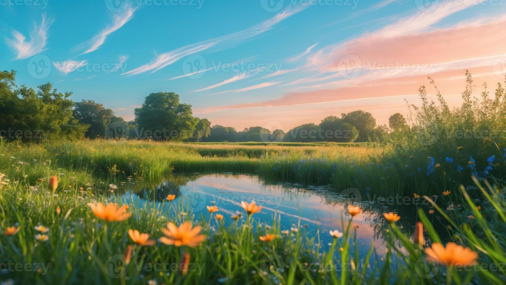 Tranquil Waters Reflecting Sky with Meadow Flowers and Green Trees photo