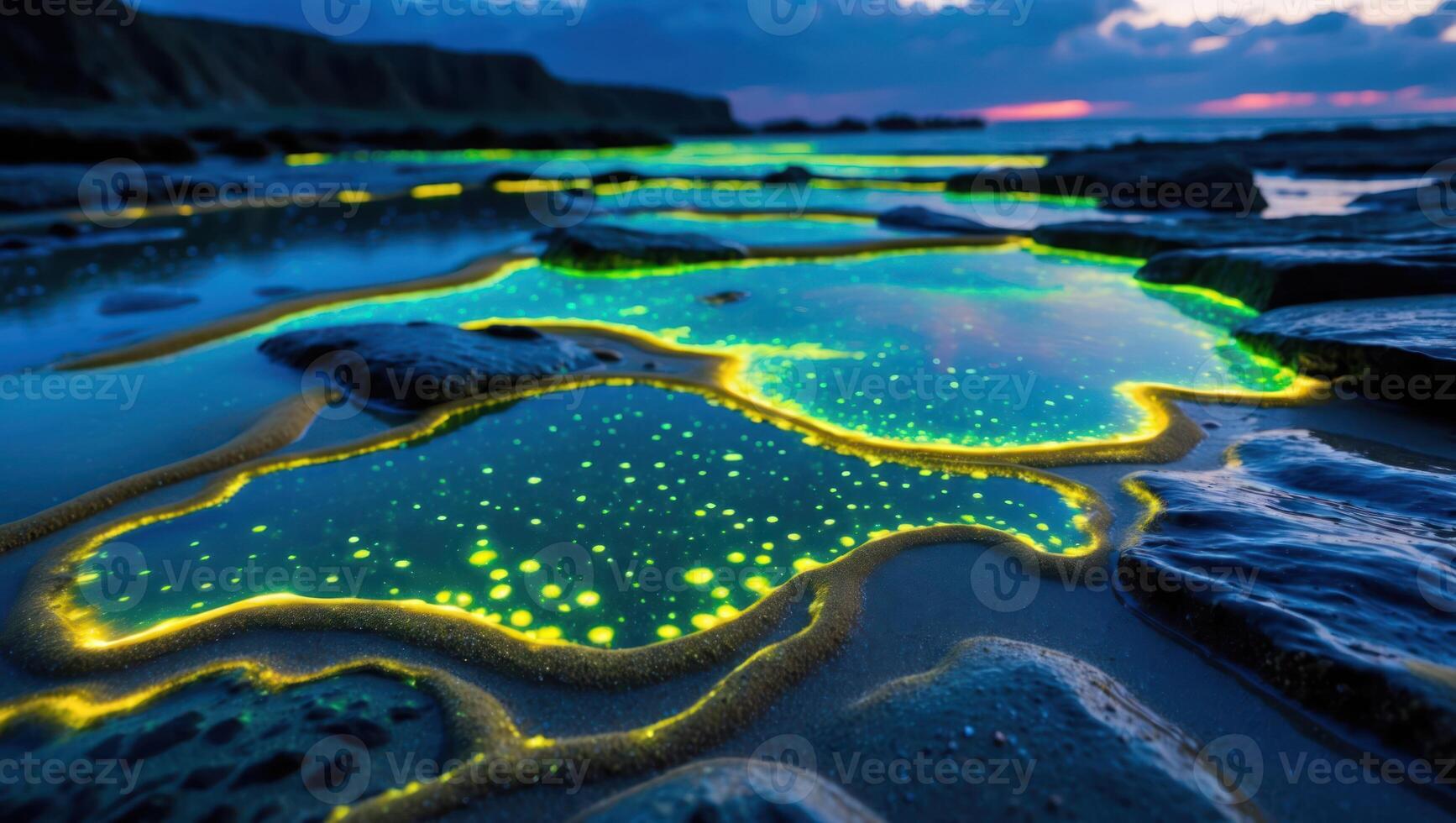 Glowing Beach Pools Reflecting Twilight Sky at Rocky Shoreline photo