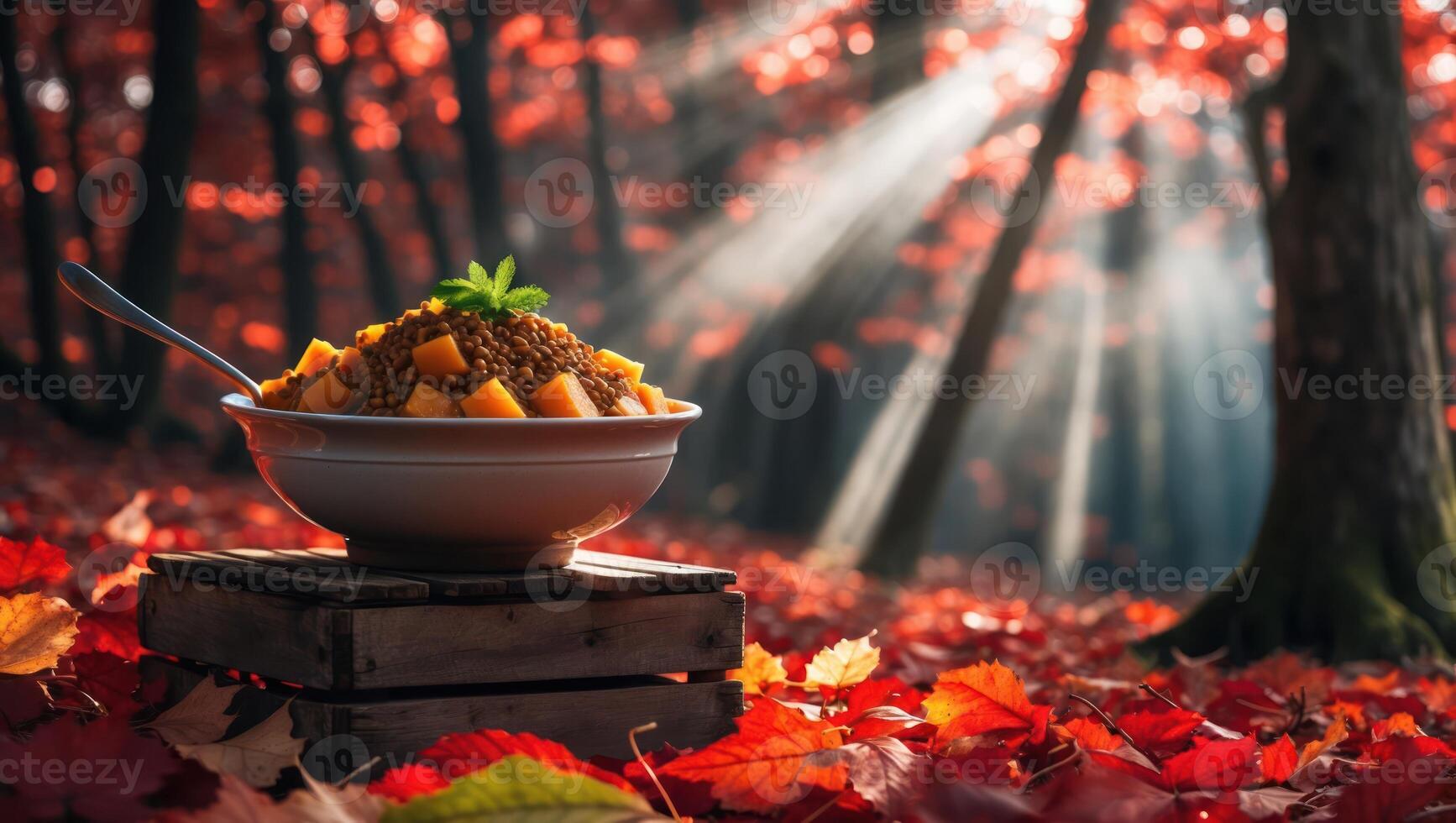 Bowl of Autumn Harvest Lentil Dish in Forest Setting with Sunlight photo