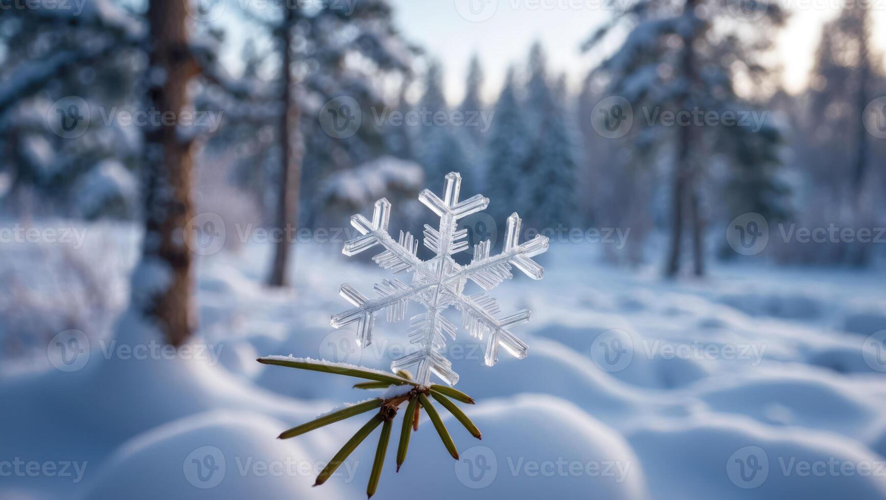 Snowflake Ornament on Evergreen Branch in Snowy Winter Forest Scene photo