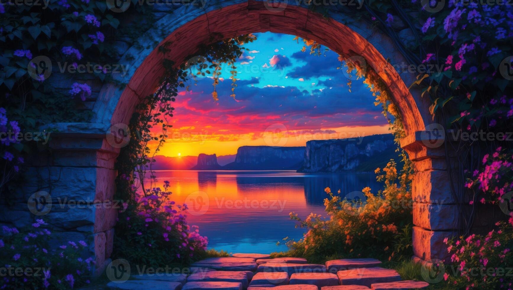 Viewing Vivid Sunset Through Stone Archway with Flowers and Reflections photo