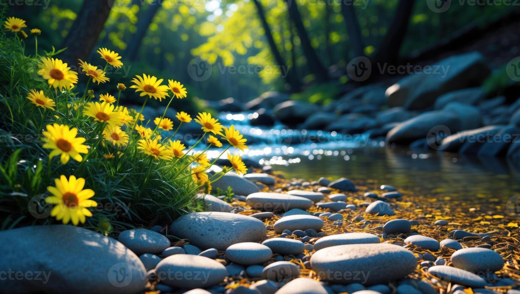 Yellow Wildflowers by River Stream with Rocks and Lush Green Trees photo