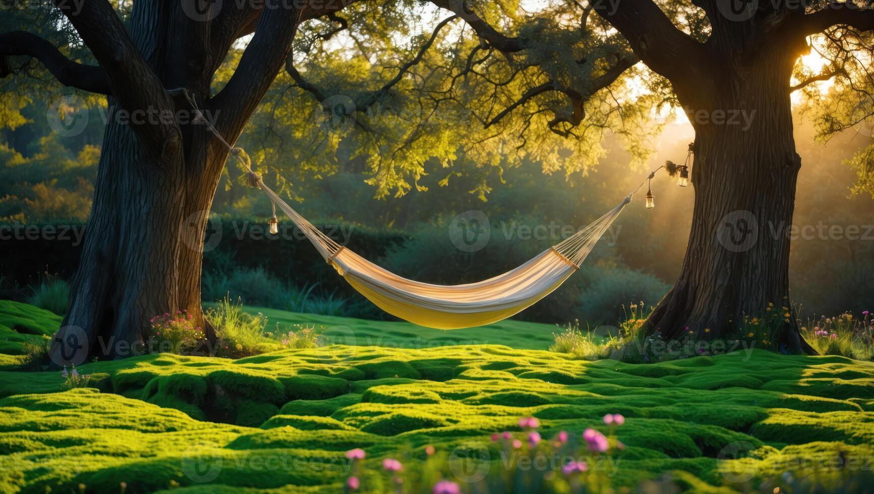 Hammock Hanging Between Trees in Sunny Green Garden Glade photo