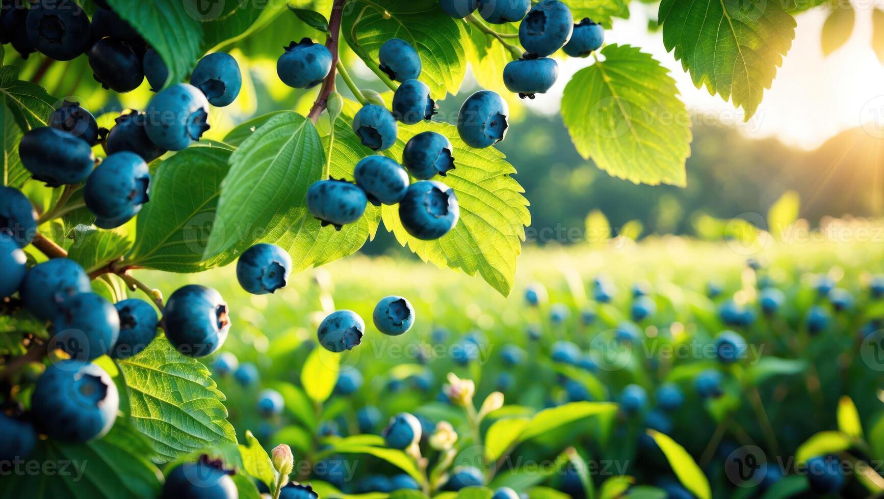 Ripe Blueberries Growing on Bush in Sunny Field at Sunset photo