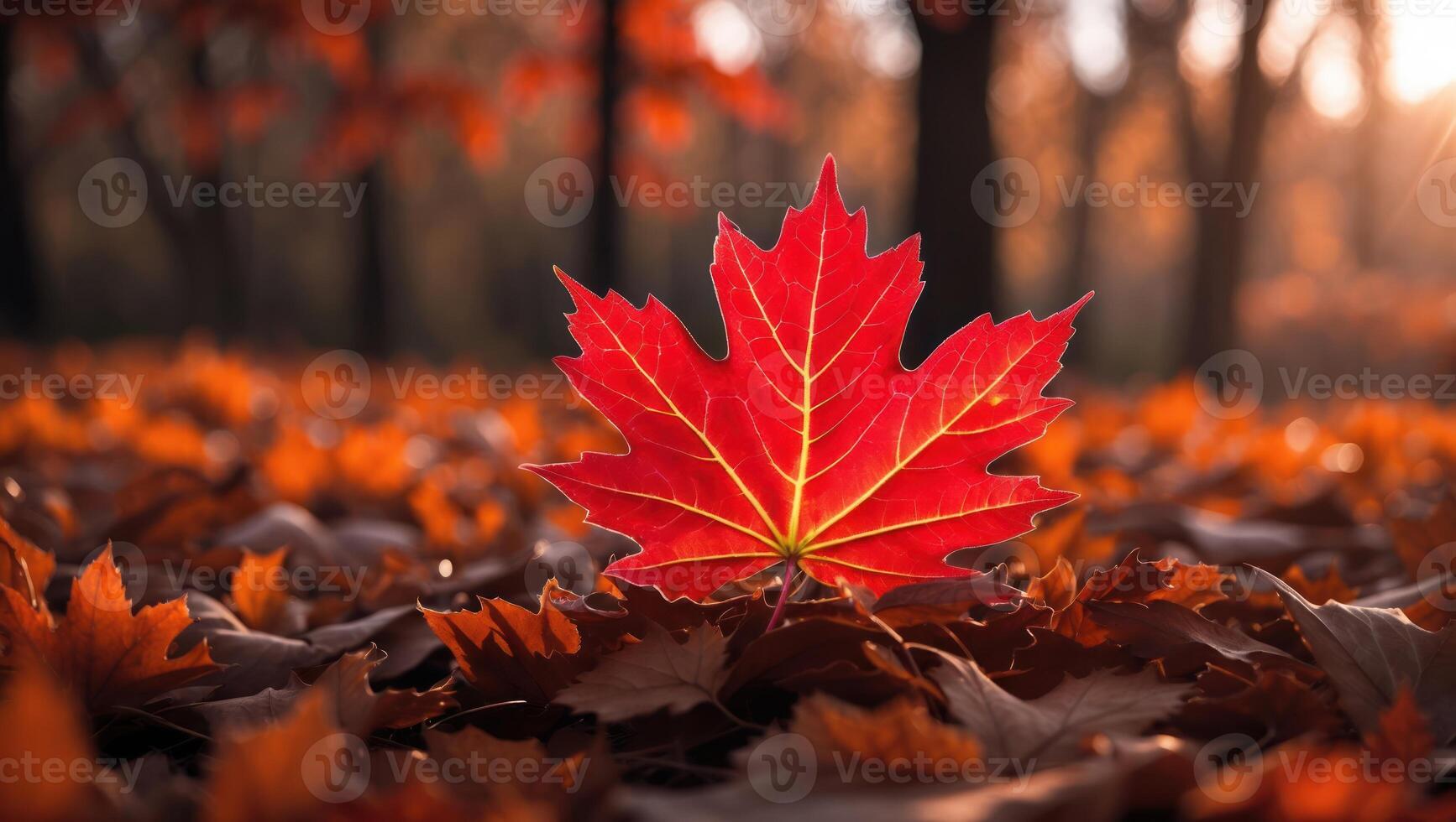 Vibrant Red Maple Leaf Resting on Fallen Leaves in Autumn photo