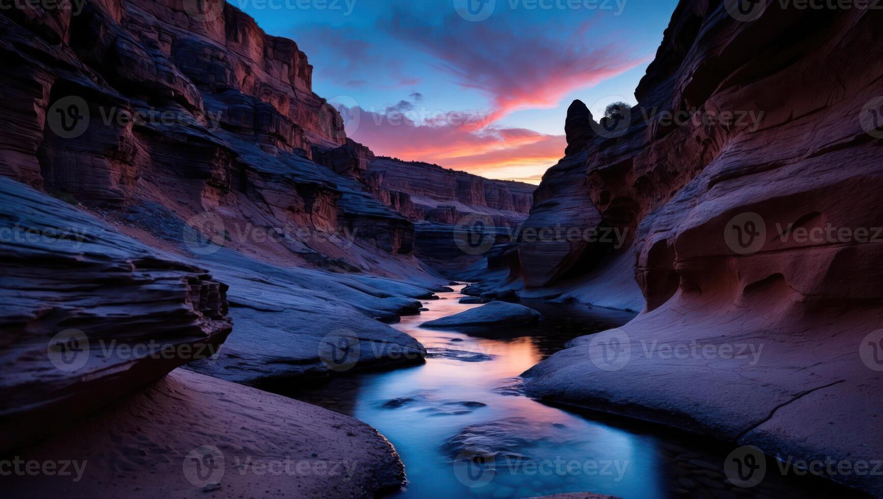 River Flowing Through Rocky Canyon at Sunset with Colorful Clouds photo