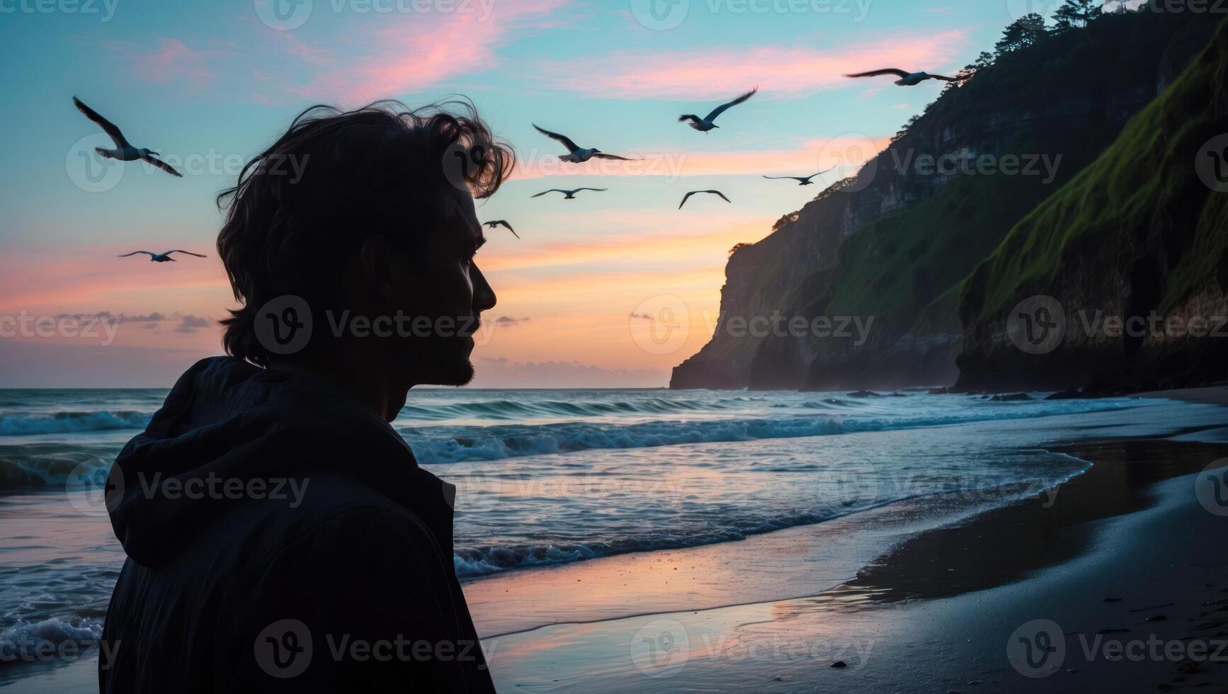 Man Watching Birds Fly Over Ocean Waves at Beach Sunset photo