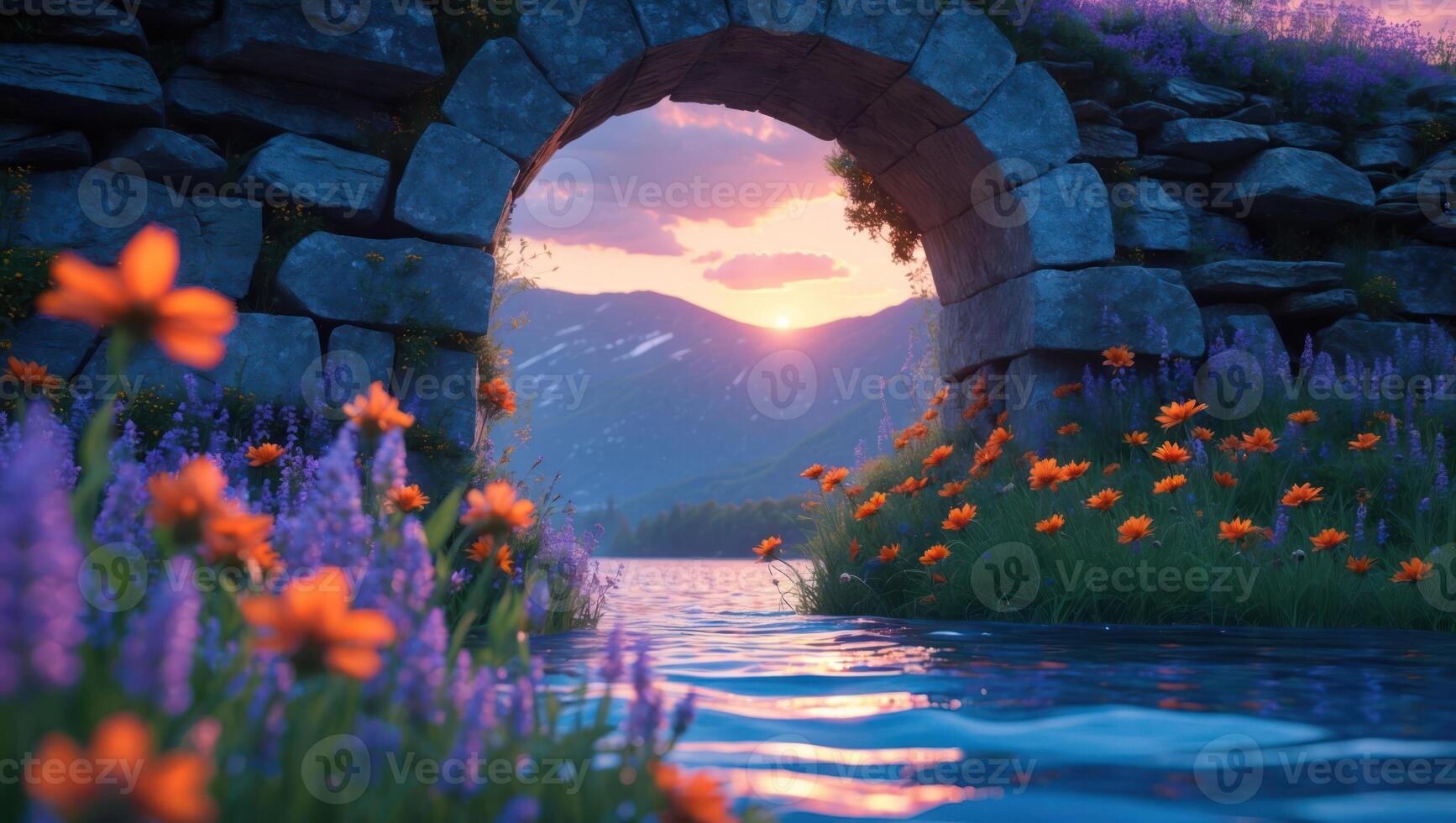 Stone Archway with Flowers Overlooking Tranquil Lake and Distant Mountains photo