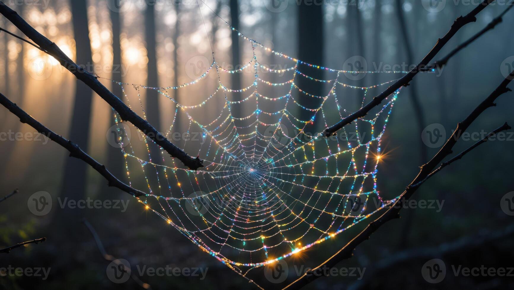 Dew Drops on Spiderweb Sparkling in Forest Sunlight at Dawn photo